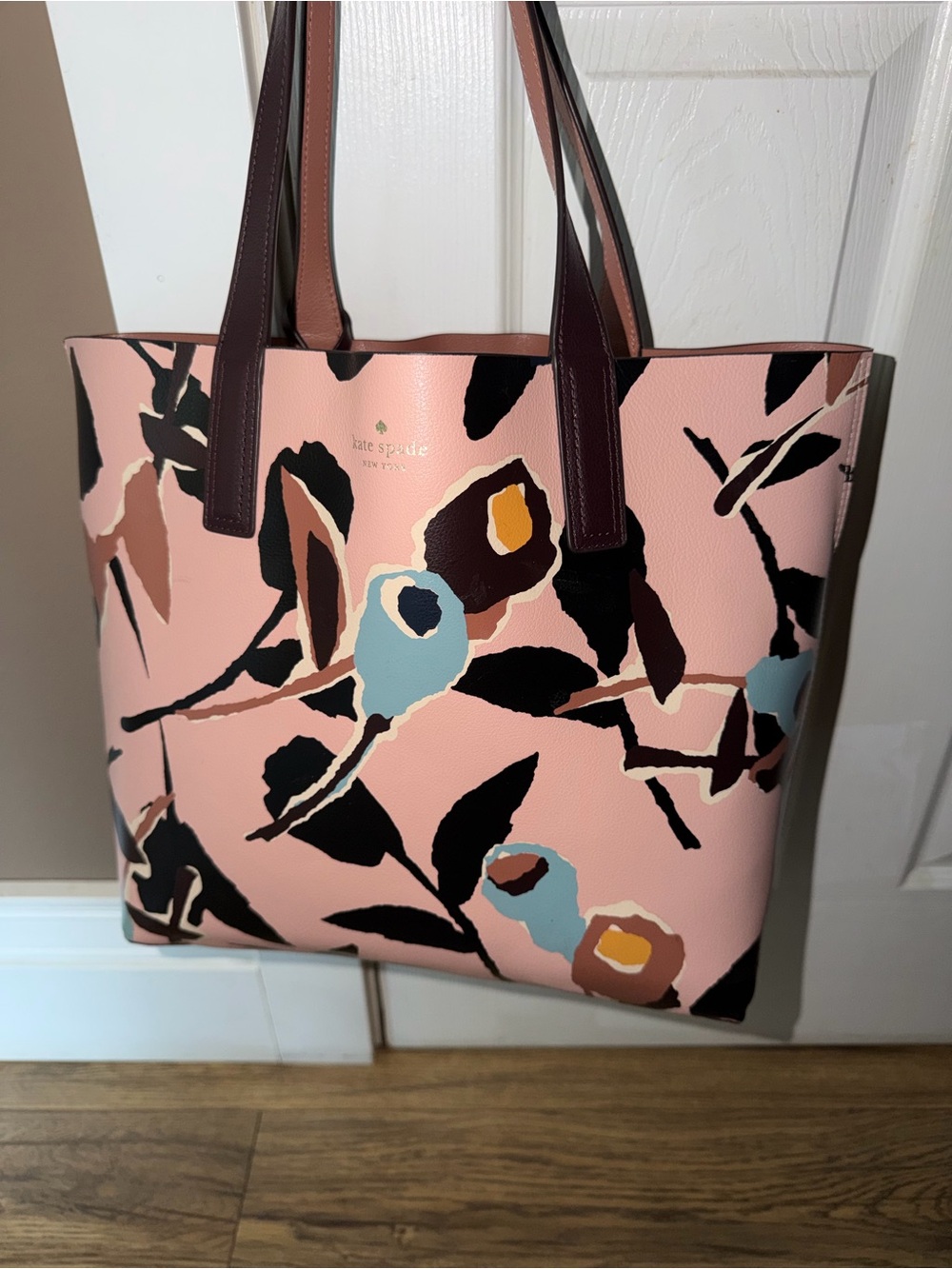 kate spade Pink Floral Print Leather Tote with Dark Brown Straps
